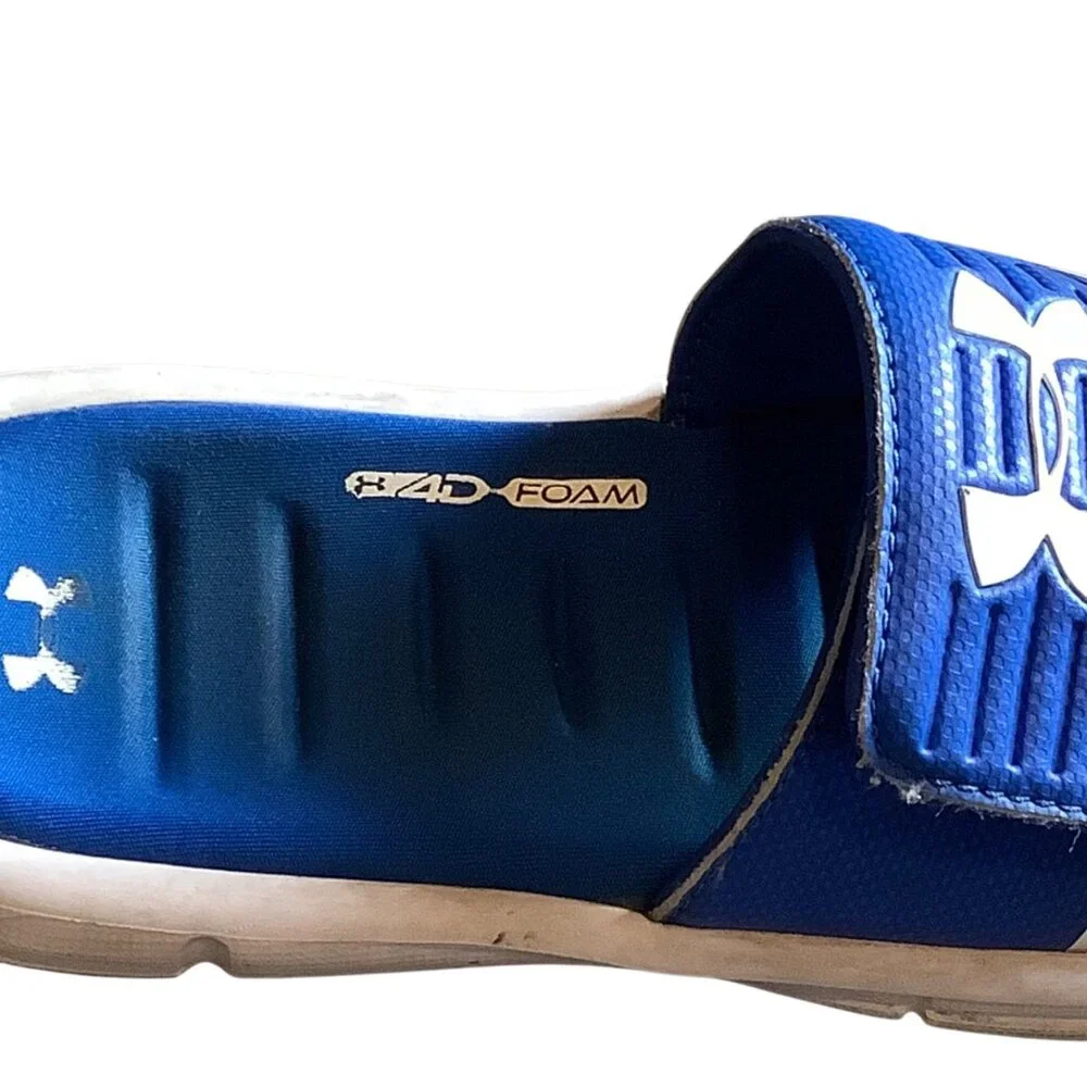 Under Armour Youth Slide Sandals Blue White  2 Youth‎ 4D Foam Cushion Comfort